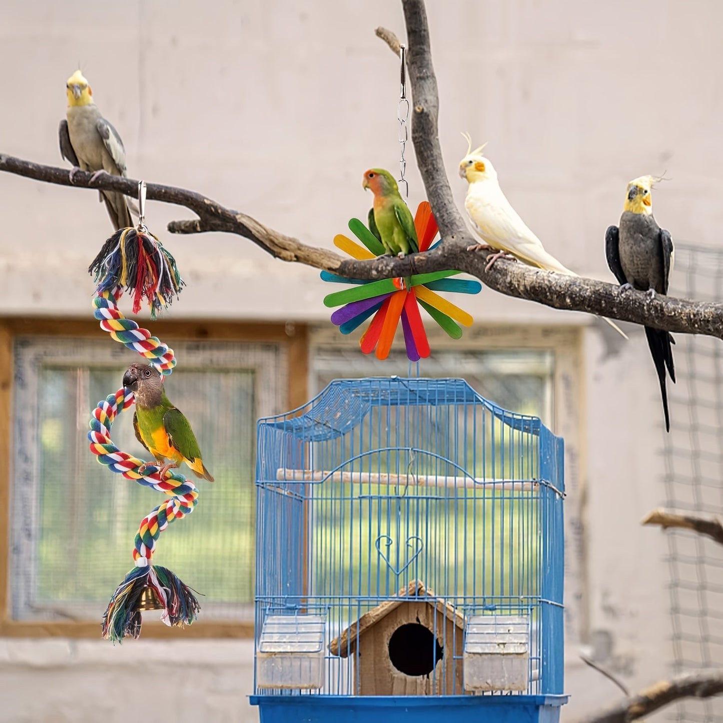 Bird Parrot Toys Set 6 Pieces Handmade Wooden Chew Toys Hammock Swing Perch Cage Accessories for Cockatiels Lovebirds Finches Parakeets Conures Small Birds