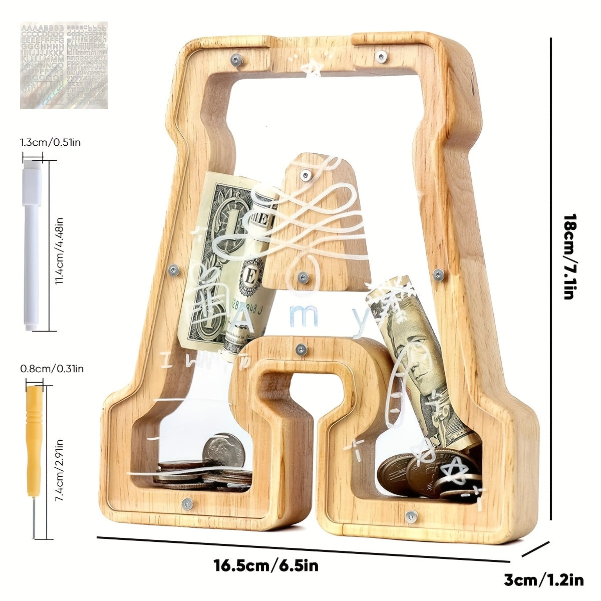 Alphabet Wooden Money Bank for Adults A to Z Letter Piggy Bank – Personalized Coin Bank Home Decor Craft Art Decoration, Ideal Gift for Ages 14 and Up