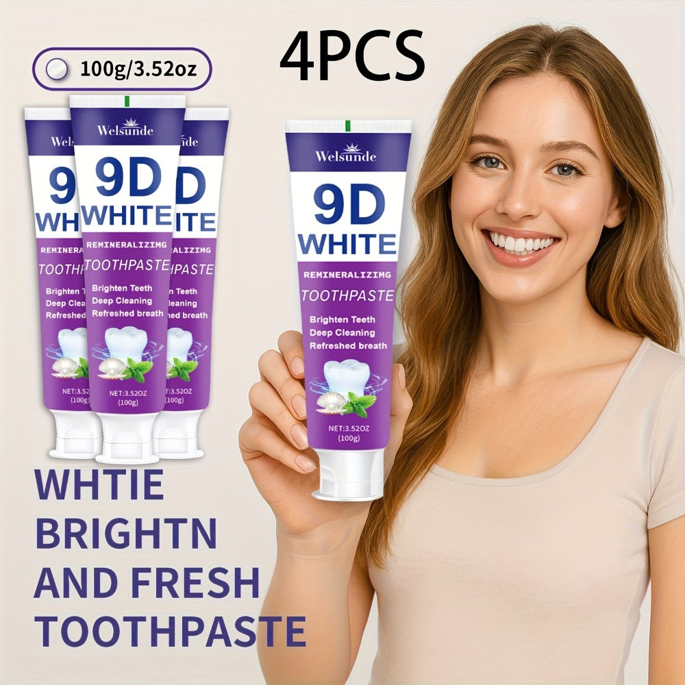 Whitening Toothpaste 4-Pack – 9D White Alcohol-Free Formula, Thorough Deep Cleaning & Brighter Smile, Refreshing Mint Breath, Gentle on Gums, Travel-Friendly 100g, Oral Care Gift for Men & Women