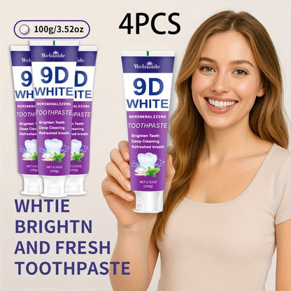 Whitening Toothpaste 4-Pack – 9D White Alcohol-Free Formula, Thorough Deep Cleaning & Brighter Smile, Refreshing Mint Breath, Gentle on Gums, Travel-Friendly 100g, Oral Care Gift for Men & Women