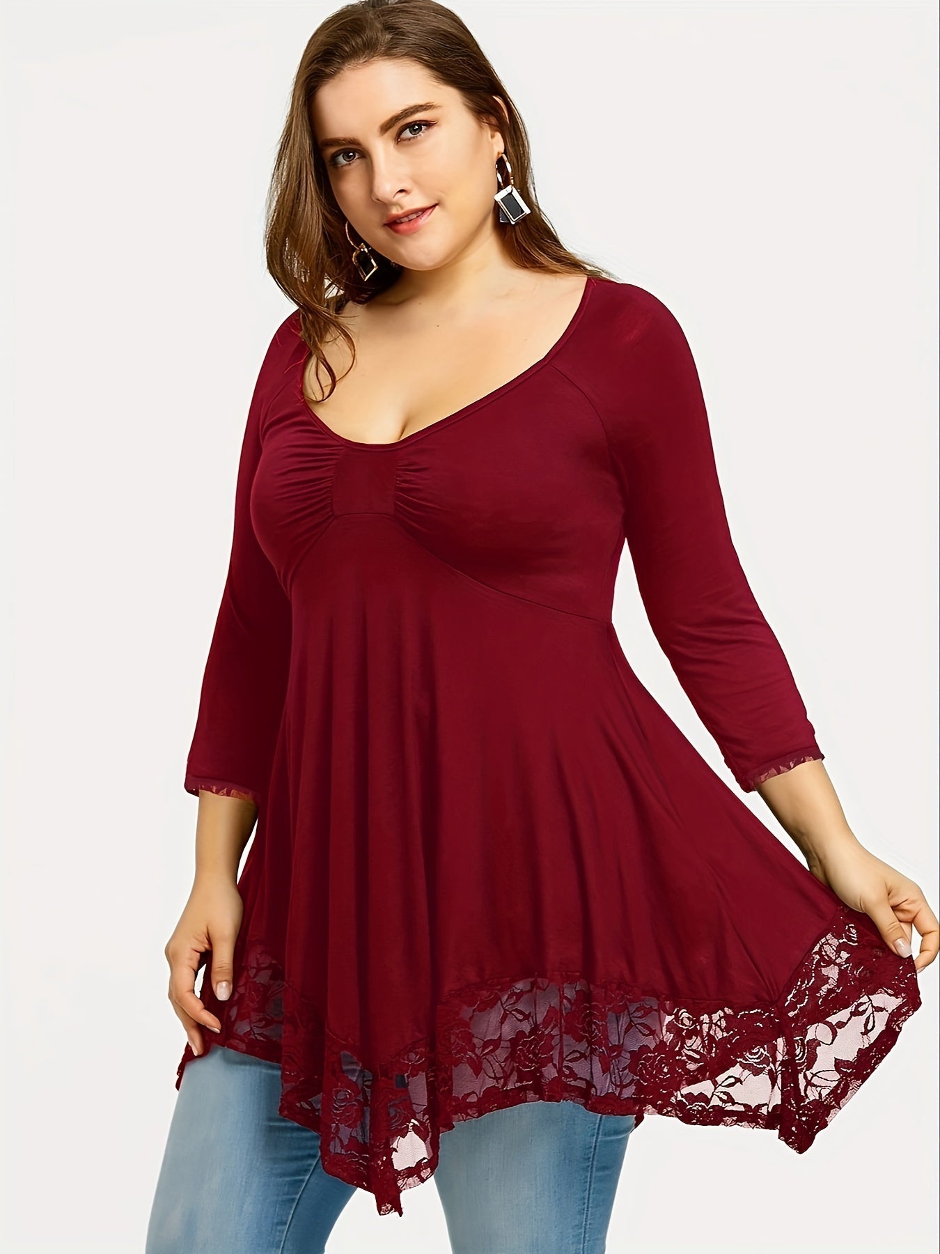 Women's Burgundy Lace Floral Long-Sleeve Top - product view 2