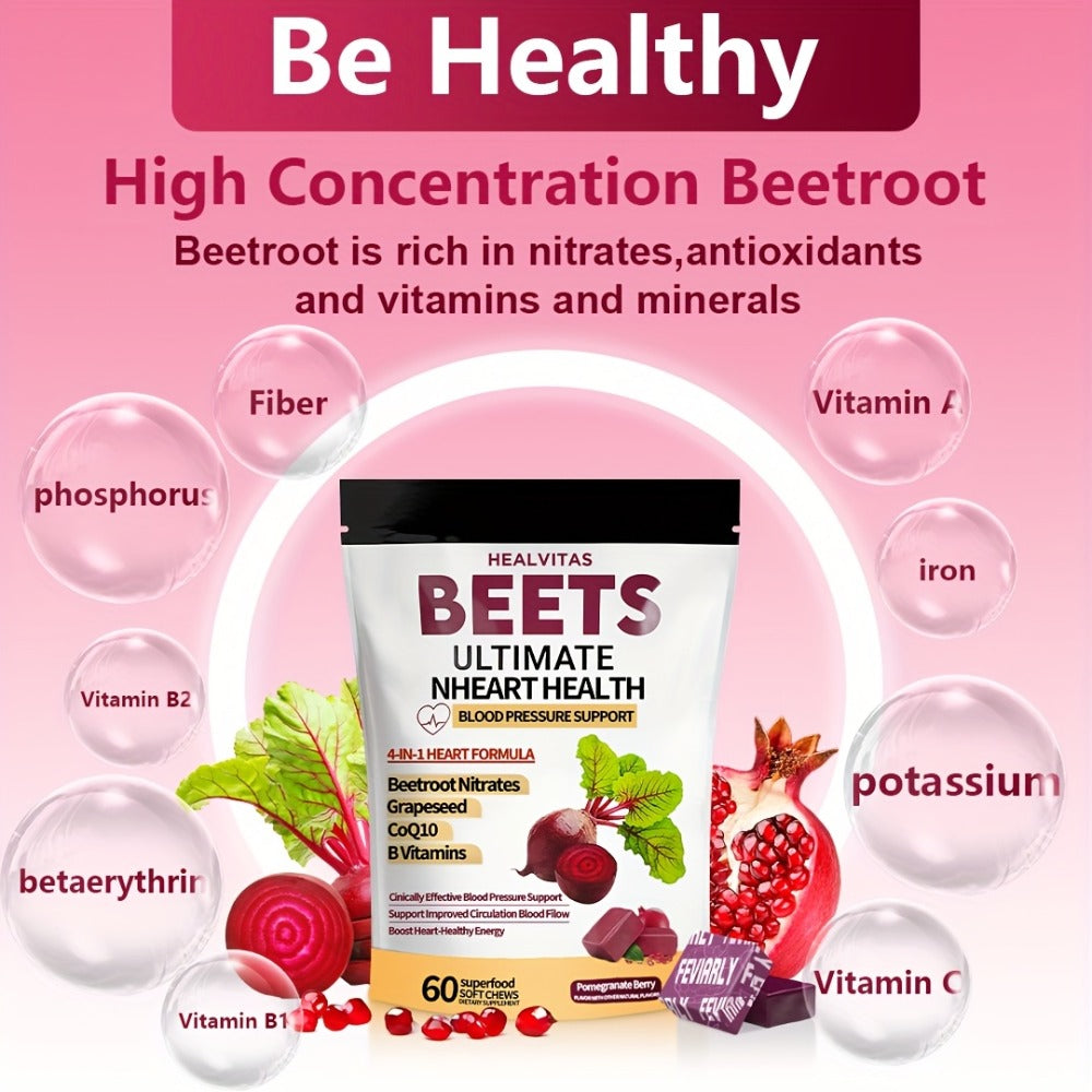 Super Beet Chewable Gummies with CoQ10 Grape Seed Extract & B Vitamins — 4-in-1 Blood Pressure Heart Health Circulation & Energy Support for Women and Men | 60 120 or 180 Count