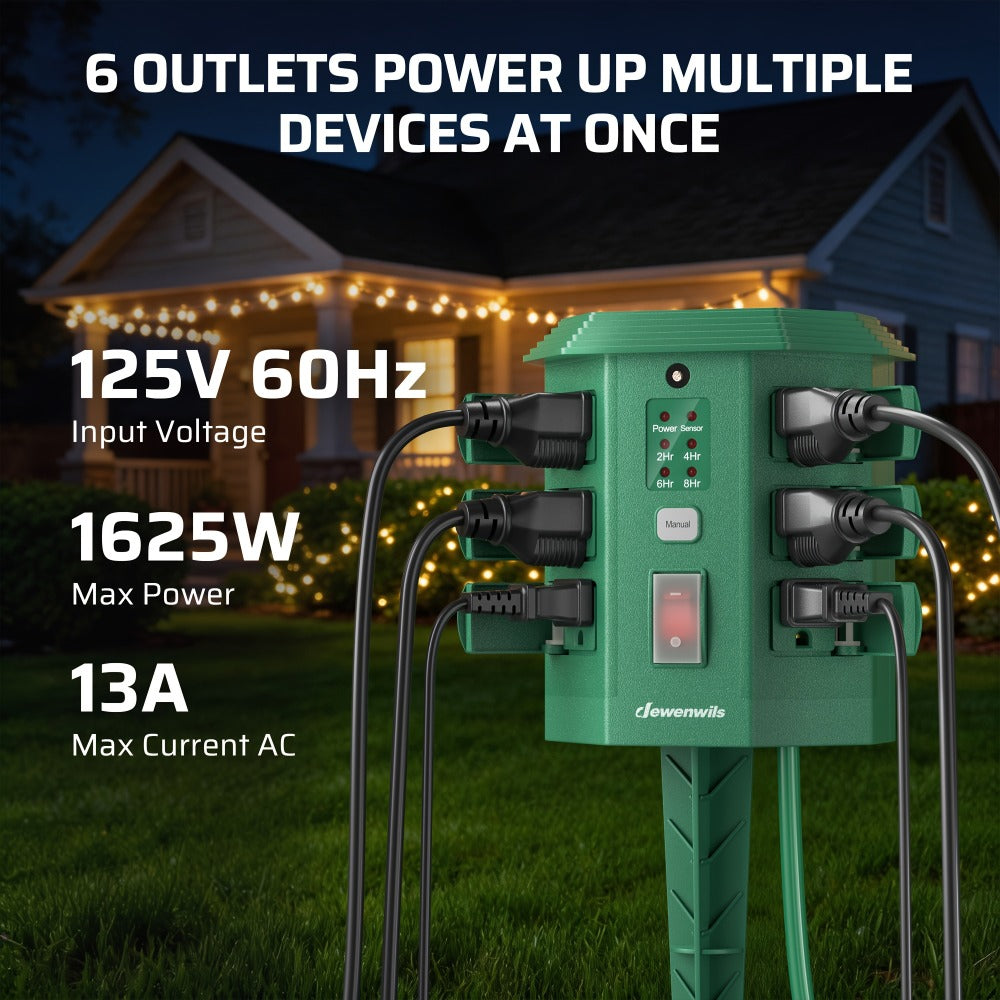 Outdoor Power Stake Timer 6 Outlet Weatherproof – 100FT Wireless Remote Control, Dusk to Dawn Photocell Sensor, 7 Timer Modes, 6FT Cord, Overload Protection for Garden Yard Christmas Holiday Lights