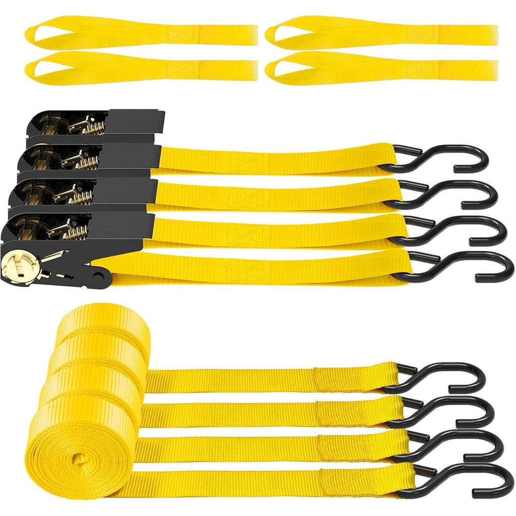 4-Pack Ratchet Tie Down Straps with 4 Soft Loops – 15FT, 1500 lbs Breaking Strength, Heavy Duty for Moving, Motorcycle, Lawn Gear, Multi-Color (Orange, Blue, Camo, Green, Red, Yellow)