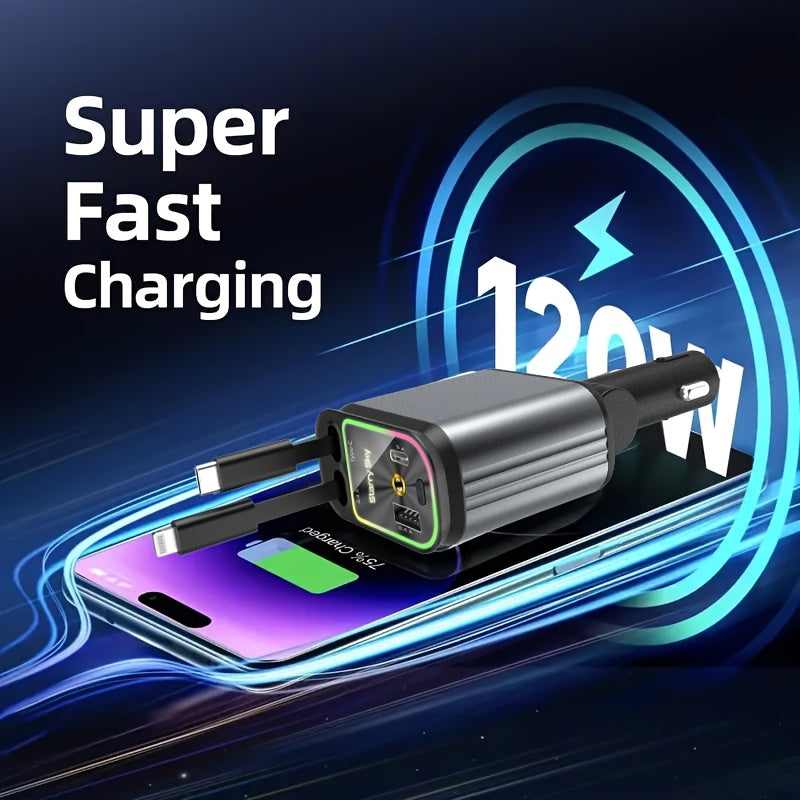 Star Projection Night Light Charger, LED Decorative Romantic Roof Ceiling Light, 4-In-1 Fast Charging USB Car Adapter, 66W with 2.6Ft Retractable Cable, Adjustable Orientation And 2 USB Ports, Perfect for Apple And for Android Phone Holiday Gifts