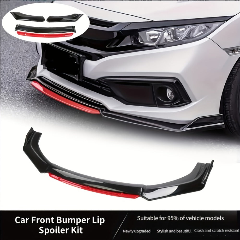 Car Front Lip Spoiler Kit 4pcs Universal ABS Front Bumper Splitter Spoiler Glossy Black Red Accent Aerodynamic Design Easy Clip-On Install Fits 95% Vehicles Durable Scratch Resistant