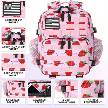Mini Hiking Backpack 2.38 Gallon Daypack Zipper Closure Hip Strap for Daily Use Fitness Cycling Camping Travel School Strawberry Cat Paw Plaid Tie Dye Camo
