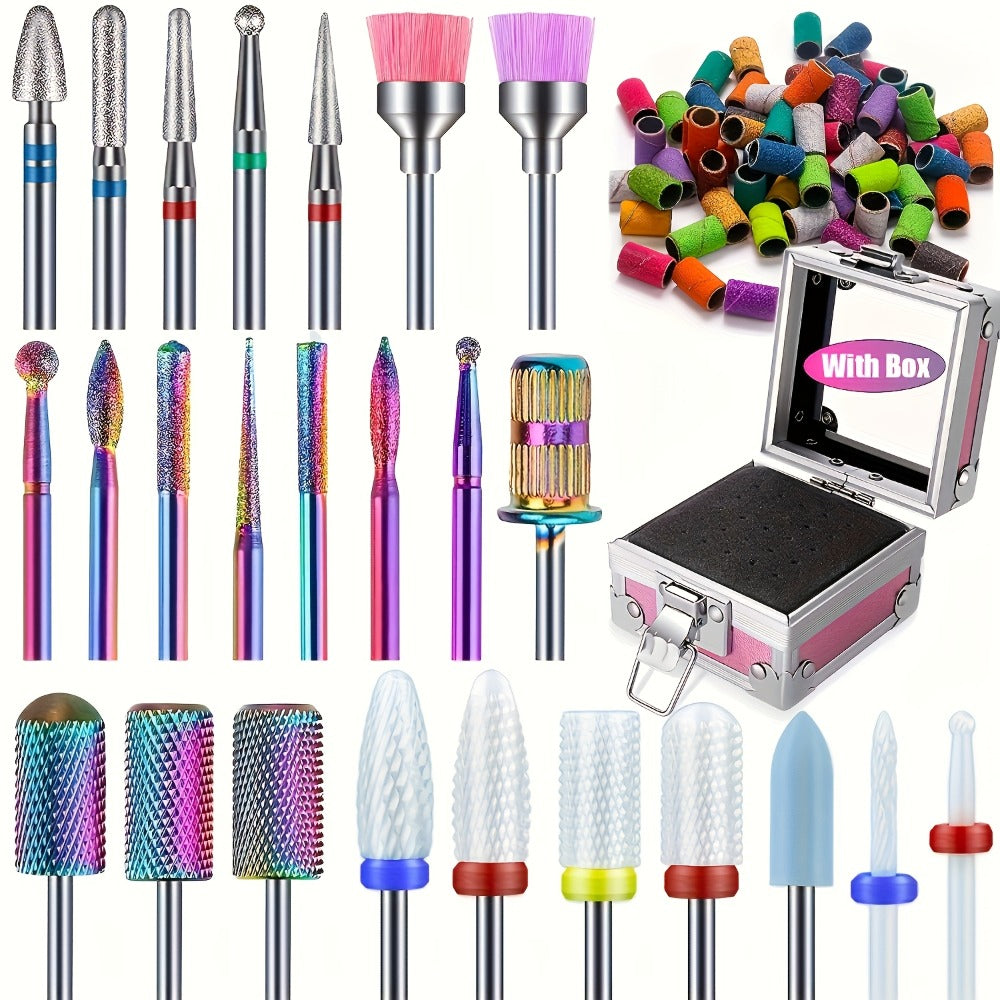 Nail Drill Bit Set Tungsten Steel & Ceramic Grinding Heads with Storage Box for Gel Removal Nail Enhancement Polishing Shaping Multi-Grit Abrasive Bands Coarse Medium Fine Electric Nail Drill Machine