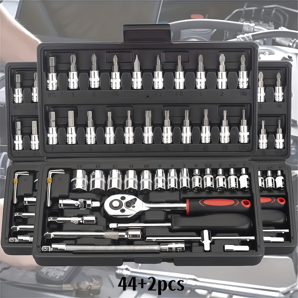 High-end Professional 43+3/44+2/51+1pc Of Tools, Car/icycle Repair Mechanical Set, Including 1/2 Inch 1/4 Inch 3/8 Inch Ratchet Socket Hex Wrench And Other Car Repair Accessories Tool Set, Suitable for Car Level Car Parts Repair.