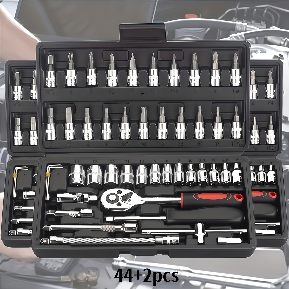 High-end Professional 43+3/44+2/51+1pc Of Tools, Car/icycle Repair Mechanical Set, Including 1/2 Inch 1/4 Inch 3/8 Inch Ratchet Socket Hex Wrench And Other Car Repair Accessories Tool Set, Suitable for Car Level Car Parts Repair.