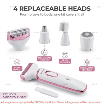 4-in-1 Electric Shaver for Women Rechargeable Wet & Dry Painless – Face Nose Legs Underarm Bikini Trimmer Portable Cordless Grooming Kit, Luxury Gift Set Options for Her