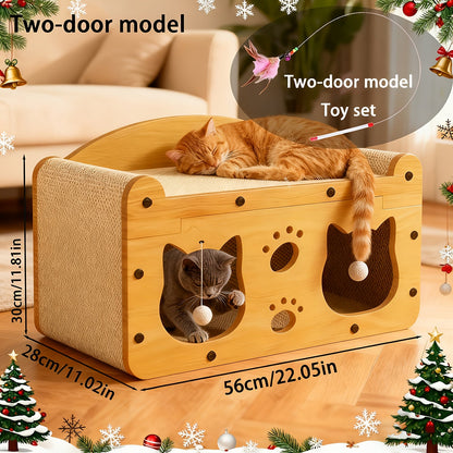 Large Cat House with Scratcher Pad & Plush Ball Toys, Ventilated Multi-Functional Indoor Outdoor Cat Shelter, Easy Assembly Single Door Double Door Luxury Double-Layer Cat Condo, Festival Gift