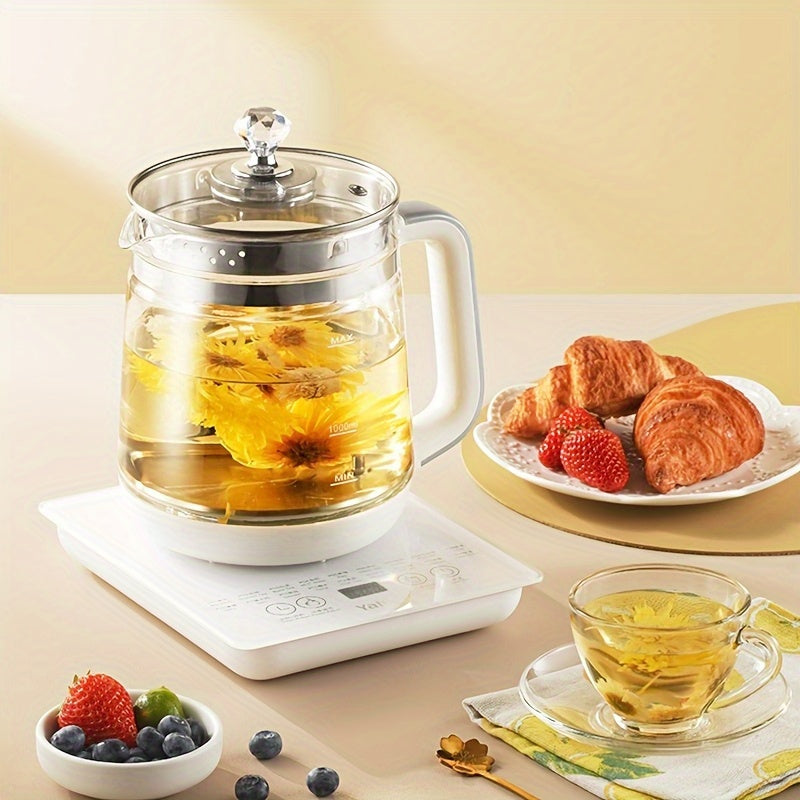 Multifunctional Electric Kettle 1.8L – Thick Glass Health Kettle with 18 Smart Functions, Boil Water, Make Coffee, Cook Porridge & Steam Eggs, Removable Filter, Tea Set Included, US Plug – White