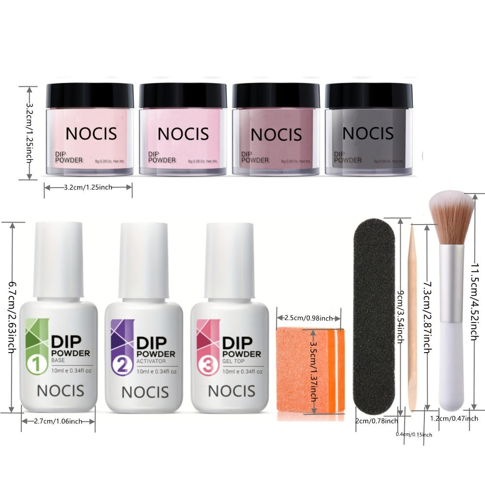 11-Piece Dip Powder Nail Kit Nude Grey Pink — 4 Colors Complete Dipping Set with Base Coat Activator Top Coat Nail Tools No Lamp French Manicure Gift for Women