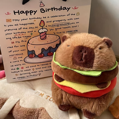 Capybara Plush Stuffed Animal Hamburger Burger Hat Funny Kawaii Soft Plush Toy Couch Pillow Doll Unique Meme Gift for Kids Teens Adults Birthday Christmas Holiday