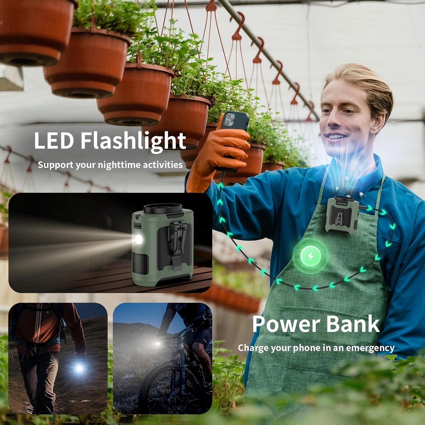 Wearable Neck Fan Rechargeable 10000mAh, 5-in-1 Portable USB Fan 22000RPM Brushless Motor, 5 Wind Speeds, LED Power Indicator, Built-in Flashlight, Hands-Free for Camping Hiking Fishing Outdoor Indoor