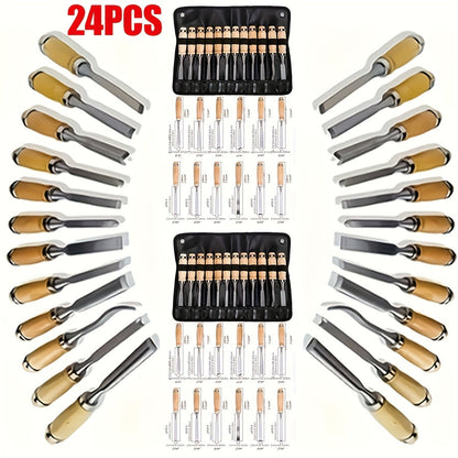 Wood Carving Chisel Set 12 & 24-Piece – Professional Beech Wood Handle Woodworking Chisels, Detail Carving Hand Tools for Beginners & Experts, Ideal Woodworker Gift