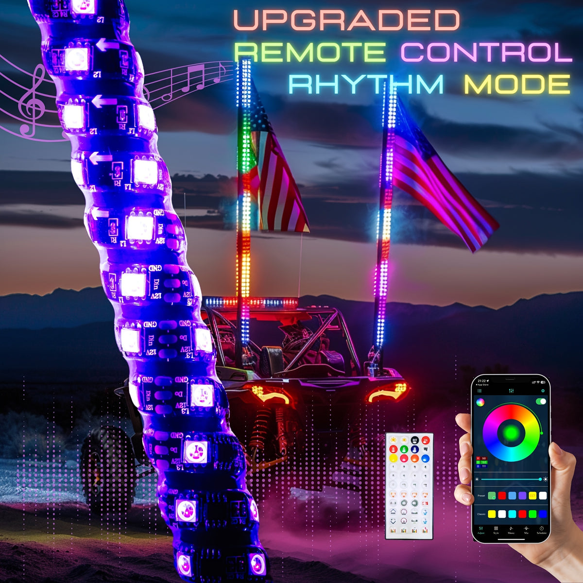 1 Pair (2pcs) 1ft/2ft/3ft/4ft Brighter RGB LED Whip Lights Flag Pole Remote And APP Control Color Changing Lamp Spiral RGB Music Chasing/Dancing Neon Light Whips for UTV ATV RZR SXS Side By Side Dune Buggy Offroad Truck (w/o Spring Base)