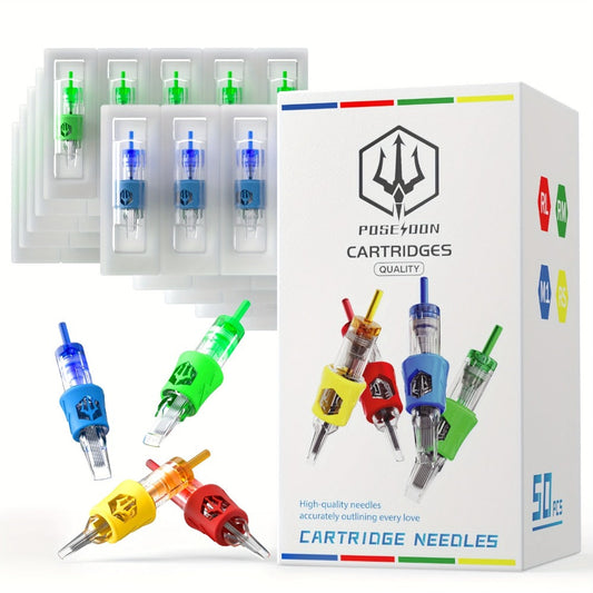 Tattoo Cartridge Needles 50pcs Poseidon V4 Mixed Assorted RL RS RM Magnum Curved Mag Anti-Backflow Membrane Sterile Disposable for Tattoo Pen Machine Lining Shading