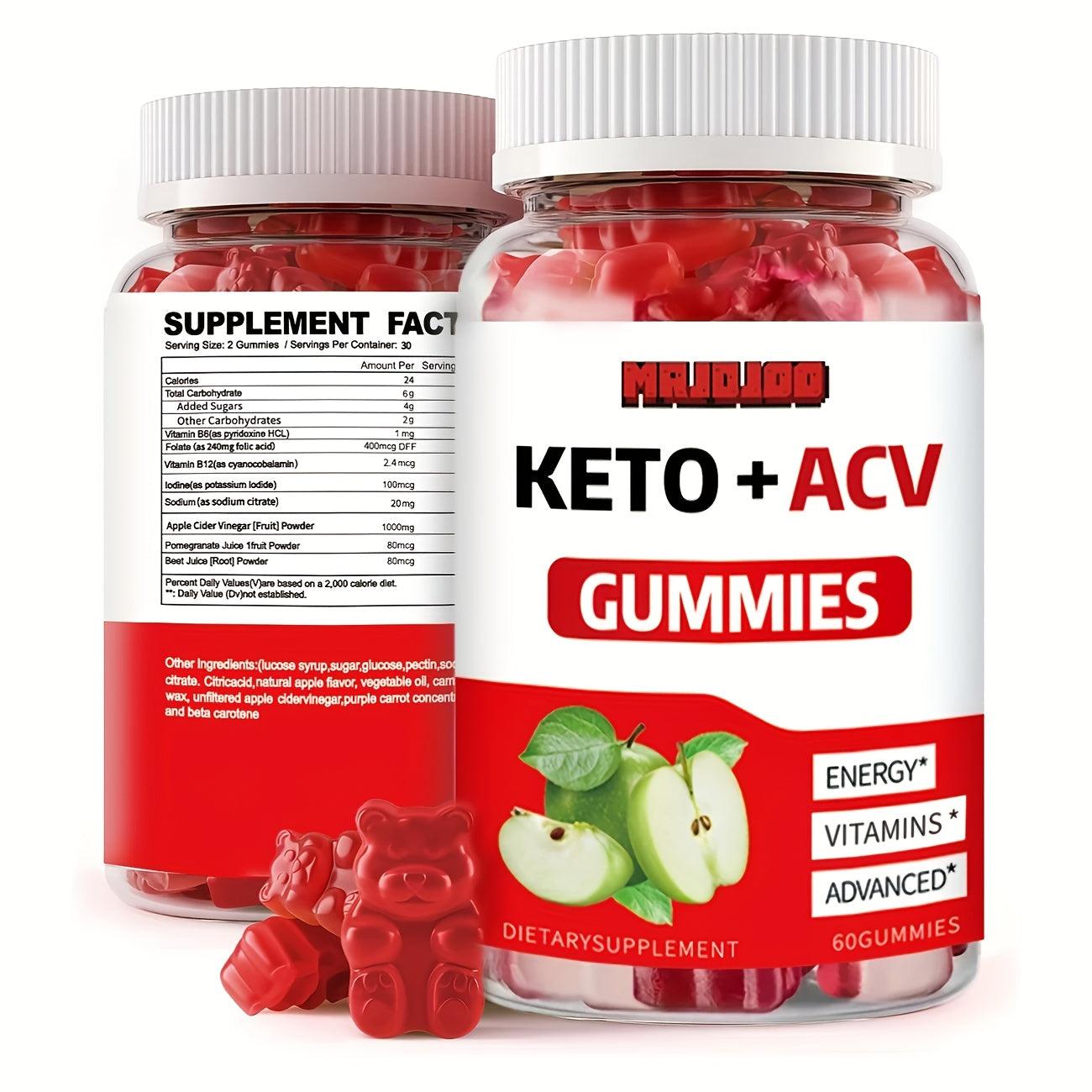 Apple Cider Vinegar Gummies with Pomegranate, Beet Juice & B12 — Vegan Keto ACV Gummies for Weight Management, Gut Health & Natural Energy | Vitamins B & C, Gluten-Free Supplement for Men & Women | 60 Gummies | 1, 2 or 3 Pack