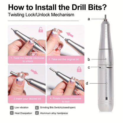 Low Noise Nail Drill Cordless 45000RPM Adjustable Speed with Power Display Portable Nail File Grinder for Gel Acrylic Nails Manicure Pedicure Home Salon Use Pink White Purple