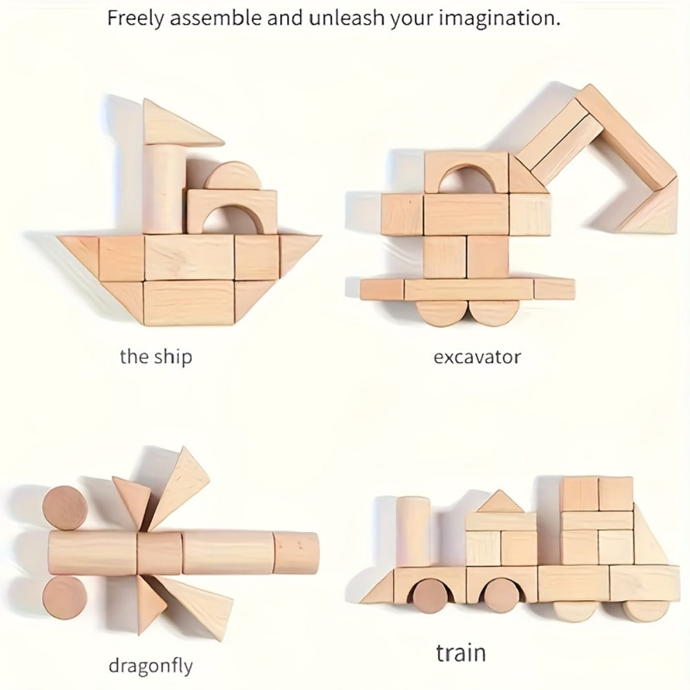 Natural Beech Wood Blocks 100 Piece Unpainted Solid Wooden Building Set – STEM Logical Thinking Toy for Kids Ages 3-12, Castle Stacking Sorting Educational Gift for Boys & Girls