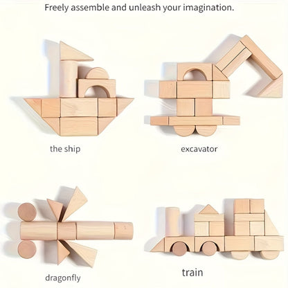 Natural Beech Wood Blocks 100 Piece Unpainted Solid Wooden Building Set – STEM Logical Thinking Toy for Kids Ages 3-12, Castle Stacking Sorting Educational Gift for Boys & Girls