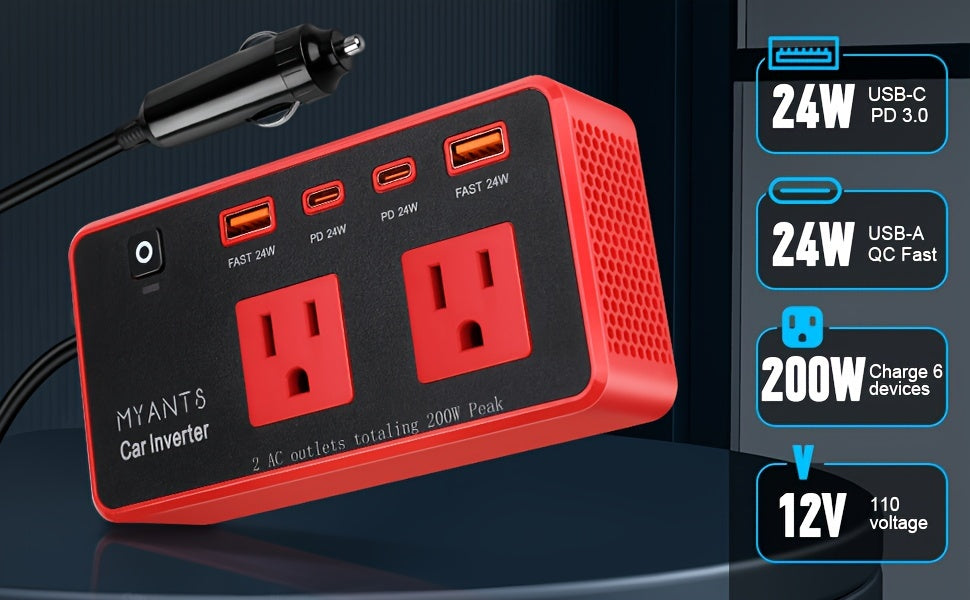 Car Power Inverter 200W, 12V DC to 110V AC Converter Car Outlet Adapter Outlet Fast Car Charger 4 USB Ports 24W [PD & QC 3.0 USB C USB A] Type C Vehicle Power Supply Car Plug Outlet for Road Trips, Camping, Without Battery