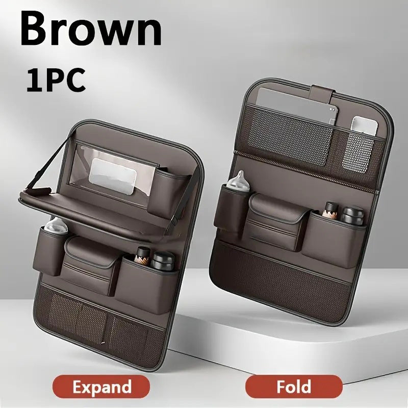 Faux Leather Car Seat Back Organizer with Foldable Table & Tablet Stand – Seat Backrest Protection Pad, Car Interior Organizer | Black, Gray, Brown (1 or 2 Pack)