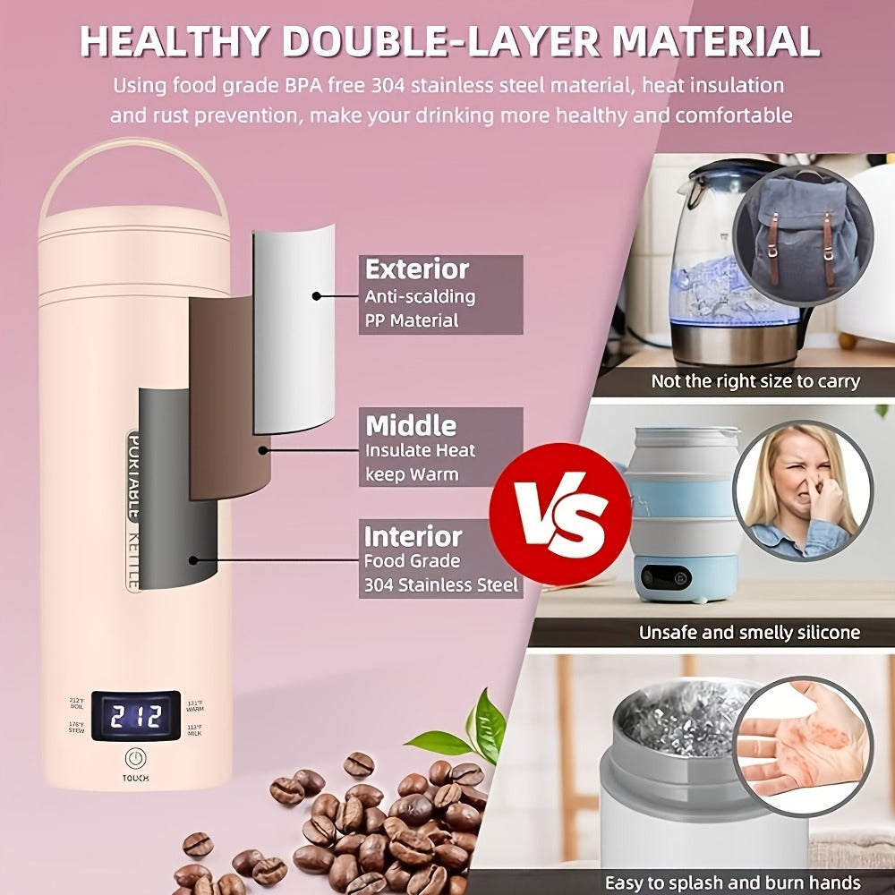 Travel Electric Kettle Mini Portable – Small Water Boiler with 4 Temperature Settings, 304 Stainless Steel, Auto Shut-Off & Boil-Dry Protection, BPA-Free Compact Tea Coffee Kettle with Leather Sleeve – Pink, Black, White