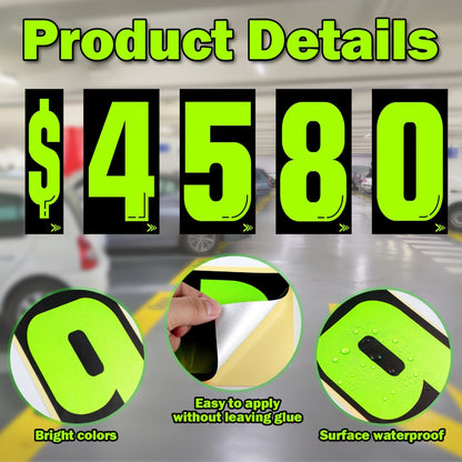 Windshield Pricing Number Decals 33pcs 7.5" Chartreuse Vinyl – Car Dealership Lot Pricing Stickers 0-9 for Auto Vehicle Window, Large Bold Numbers, Weather Resistant