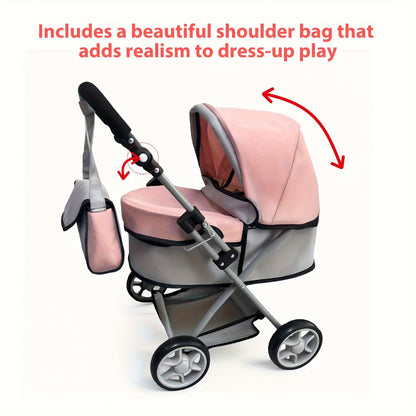 Foldable Doll Stroller with Adjustable Handle 39-68cm – Grey & Pink Baby Doll Pram for 16-20 Inch Dolls, Storage Basket & Shoulder Bag Included, Ergonomic Role-Play Gift for Girls Ages 3+