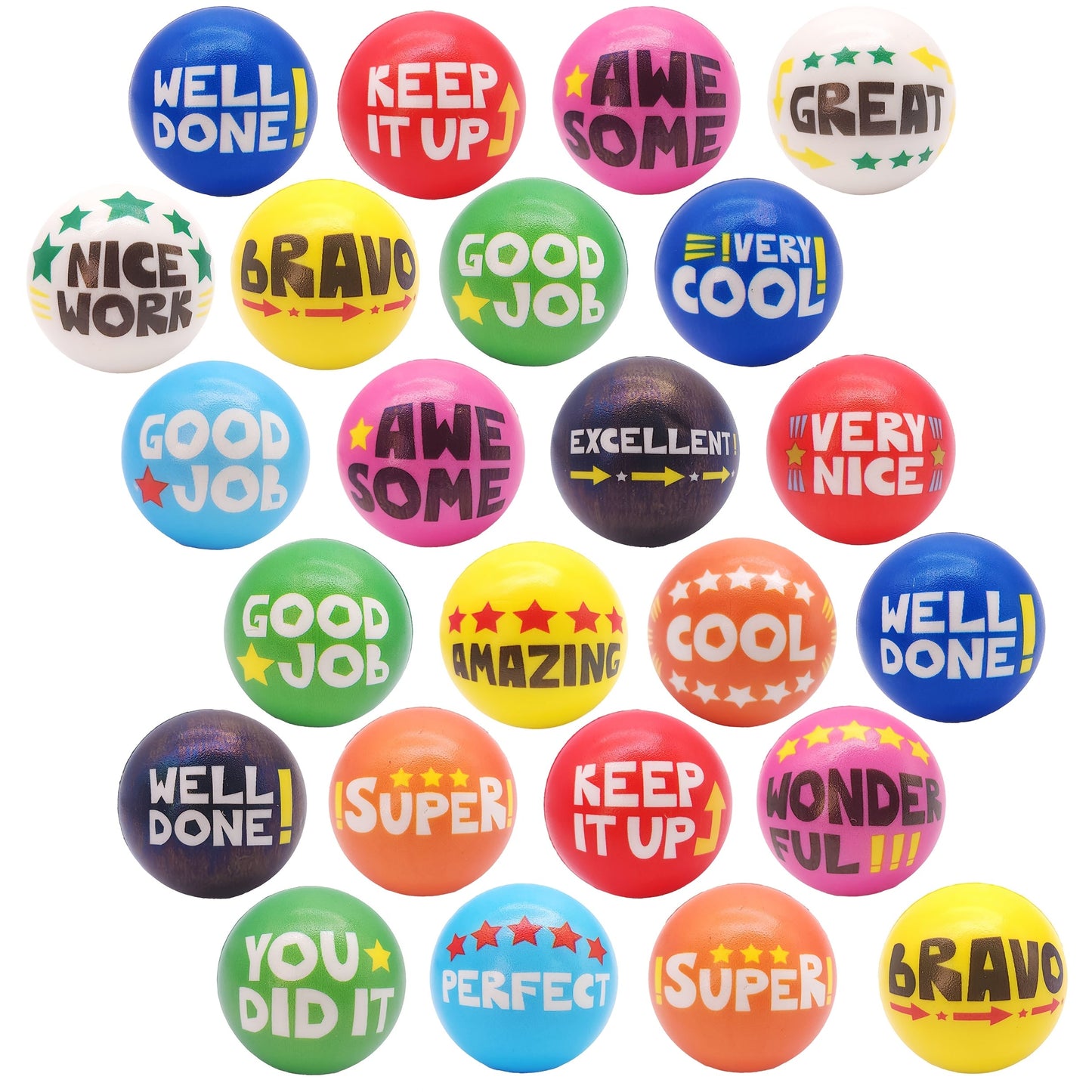 Motivational Squeeze Stress Balls 24 Pack Multicolor – Soft 2.48" Squishy Balls with Positive Affirmation Slogans for Classroom Prizes, Office Stress Relief, Team Building Rewards & Party Favors