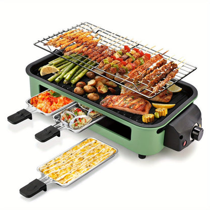 Indoor Electric Smokeless Grill 1500W – Raclette Table Grill with 3 Mini Pans, 16x9" Non-Stick Detachable Plate, Dishwasher Safe, Portable for Home Kitchen