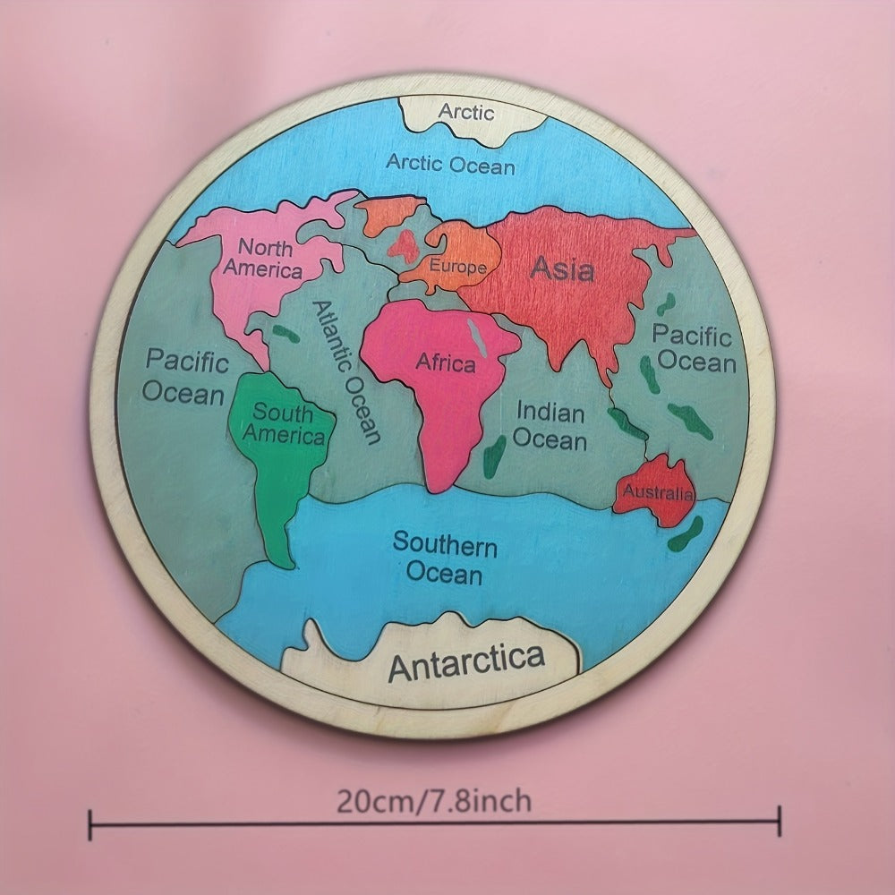 Wooden World Map Puzzle for Kids – Seven Continents Geography Learning Toy, Colorful STEM Educational Puzzle, Montessori Gift for Boys & Girls Ages 3+, 7.8"x7.8"