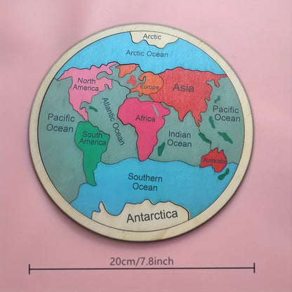 Wooden World Map Puzzle for Kids – Seven Continents Geography Learning Toy, Colorful STEM Educational Puzzle, Montessori Gift for Boys & Girls Ages 3+, 7.8"x7.8"