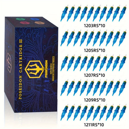 Tattoo Needles 50Pcs Round Liner Shader - POSEIDON V3 12RL 12RS Membrane Safety Stainless Steel Sterile Disposable Cartridge Needles for All Tattoo Machines Beginner & Professional Artists