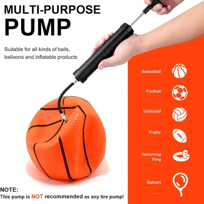 Portable Ball Pump Kit 8 Inch – Manual Air Pump with 5 Needles, Nozzle & Extension Hose for Basketball, Soccer, Football, Volleyball & Rugby – Compact Sports Ball Inflator, Black