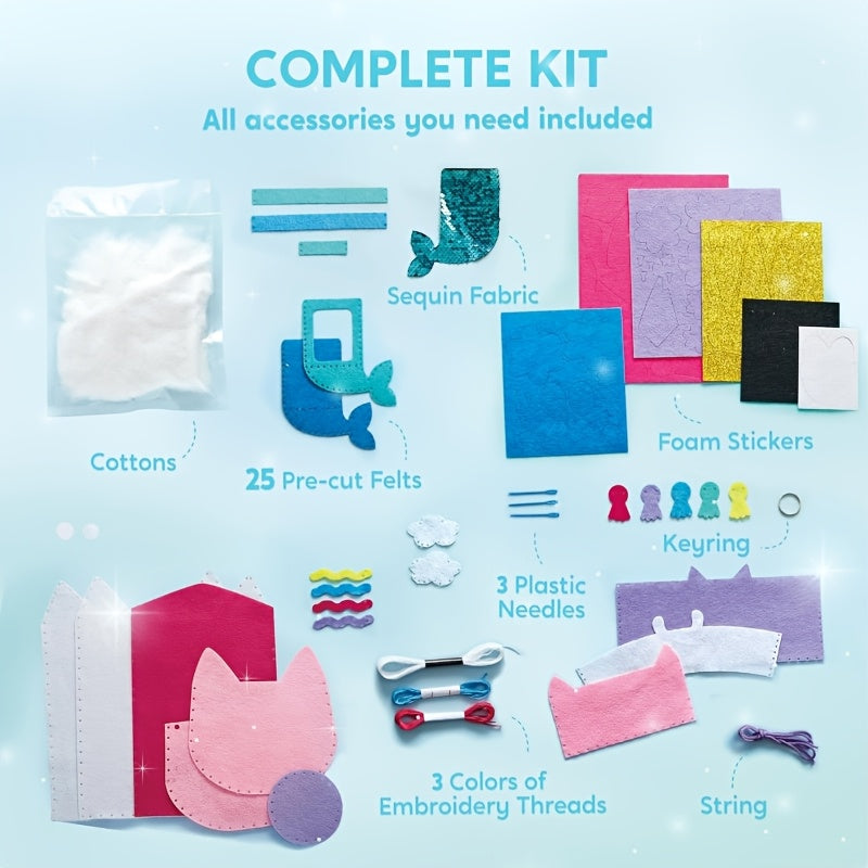 Kids Sewing Kit for Beginners 7 Felt Craft Projects – Pre-Punched Holes Safe Needles Mini Pillow Keychain Card Holder Cup Sleeve, STEM Life Skills Gift for Girls Boys Ages 6 7 8 9 10