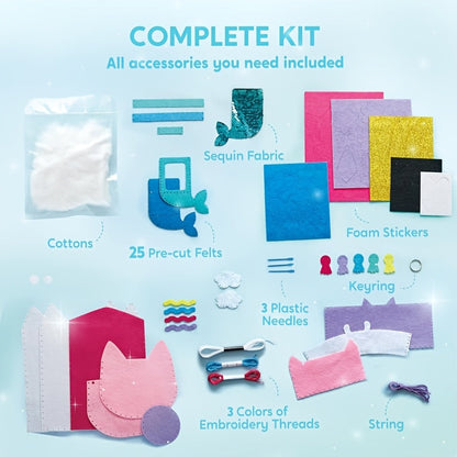 Kids Sewing Kit for Beginners 7 Felt Craft Projects – Pre-Punched Holes Safe Needles Mini Pillow Keychain Card Holder Cup Sleeve, STEM Life Skills Gift for Girls Boys Ages 6 7 8 9 10