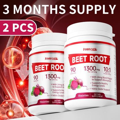 Beet Root Capsules 1300mg High Strength Vegetarian - Natural Nitric Oxide, Blood Flow, Circulation & Energy Support - Plant-Based Antioxidant Supplement for Men & Women - 90 Capsules 3-Month Supply