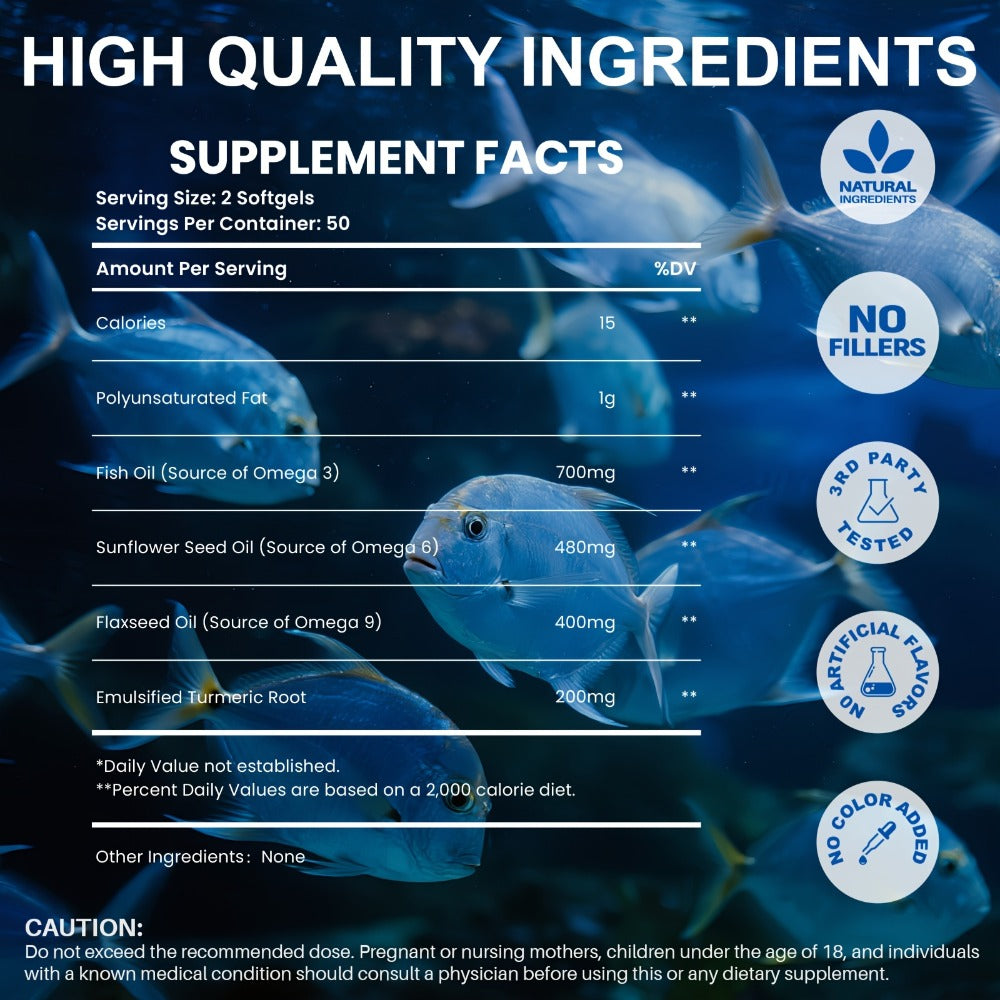 Omega 3 6 9 Supplement Softgels with Flaxseed, Fish Oil & Turmeric – Hypoallergenic Heart, Brain, Liver & Skin Support for Women & Men | 100 Softgels 50-Day Supply