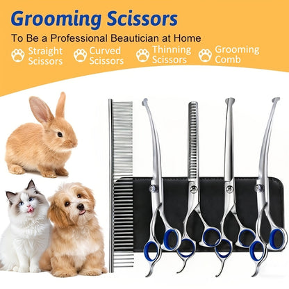 Dog Grooming Scissors Set 7-in-1 Professional Ceramic Coated Stainless Steel Safety Round Tip Straight Thinning Curved Scissors Comb Kit for Dogs Cats