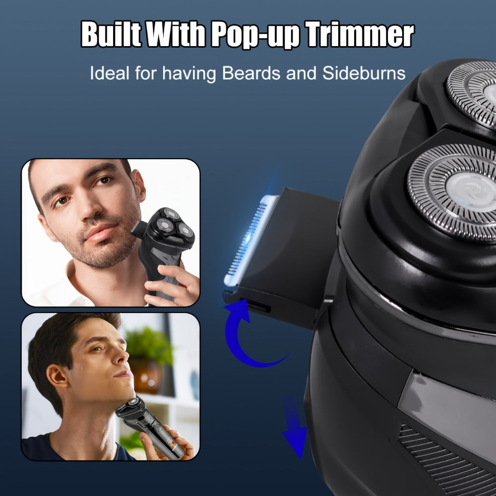 Men's Electric Rotary Shaver with 3D Flexible Floating Heads – USB Rechargeable Cordless Electric Razor with Adjustable Trimmer for Close Comfortable Shave, Dark Grey