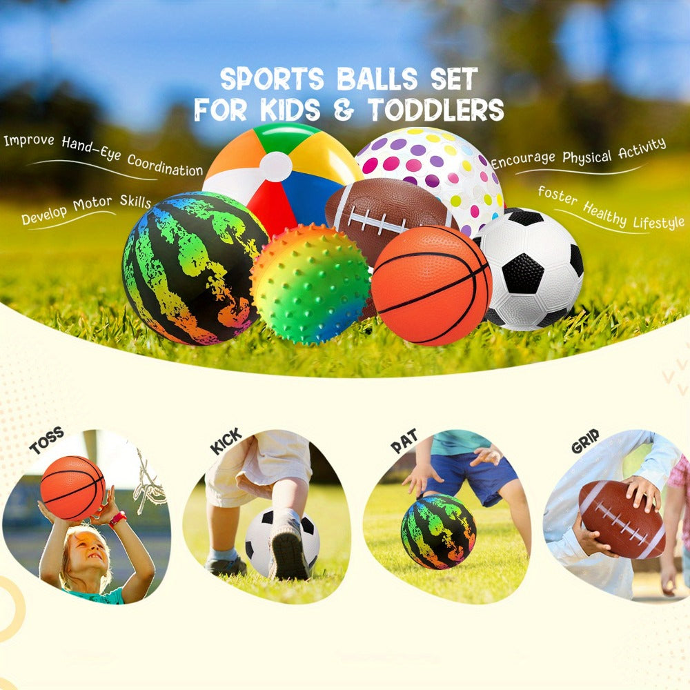 Kids Playground Ball Set 7-Pack with Air Pump – 10.6 Inch Outdoor Ball Plus 6-Inch Basketball Football Rugby, Active Play Toy for Home Yard Pool Classroom Park, Birthday Party Gift for Children Ages 4+