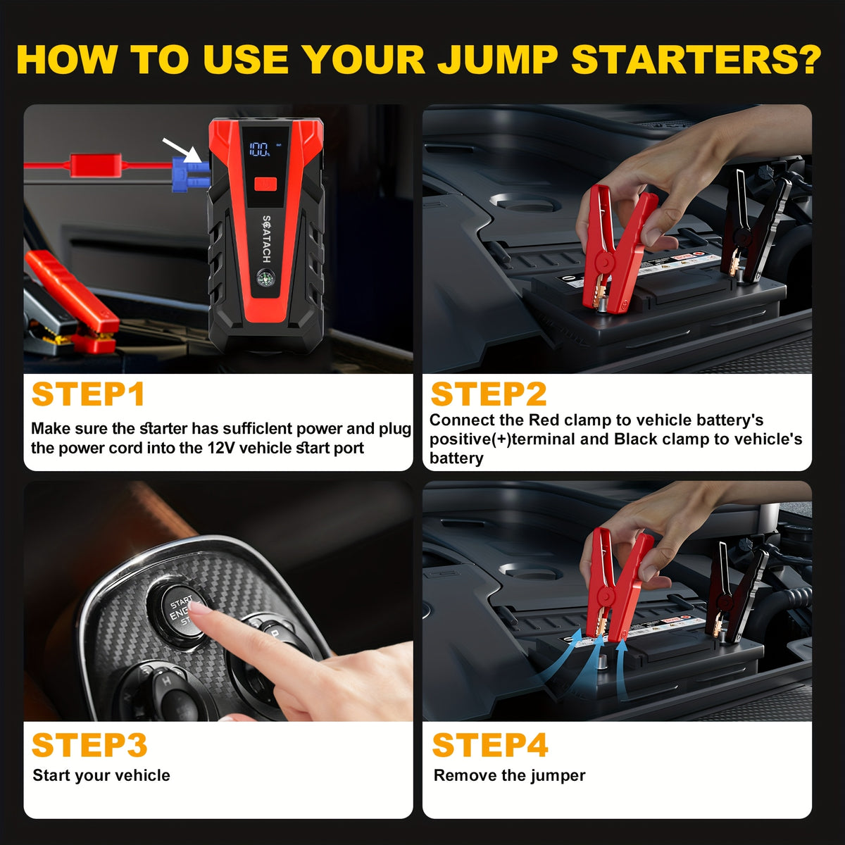 The Car Emergency Starter Power Supply Comes with A Digital Tire Pressure Gauge And Air Pump, A Window Breaker Hammer, And Is Suitable for 12V Cars, Trucks, SUV, Rvs, And Motorcycles. It Features A Multi-Functional Portable LED Display, SOS
