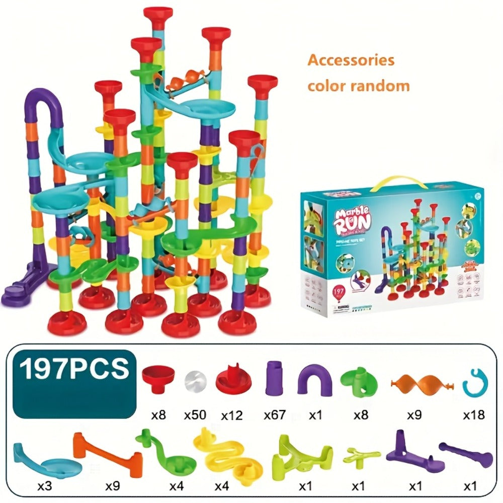 Marble Run Set Building Blocks for Kids 112/147pcs with Glass Marbles – STEM Marble Race Track Construction Toy Logic Hand-Eye Coordination Learning Game, Best Birthday Gift for Boys & Girls Ages 4+