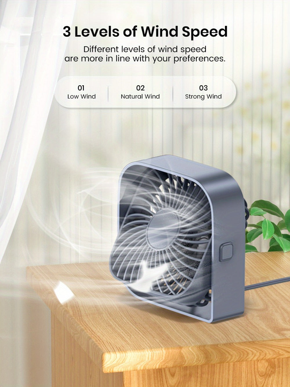 USB Desk Fan Portable, Small Personal Fan 3 Speed Settings 360° Rotation Silent Operation, Compact Lightweight USB Powered Cooling Fan for Home Office Dorm Bedroom Travel, Grey Blue Pink White