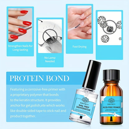 Gel Nail Prep Kit 4-Piece BORN PRETTY — Nail Dehydrator 15ml, Primer 15ml, Base Gel 10ml & Super Top Coat 10ml for Semi-Permanent Long-Lasting Gel Manicure, Salon & Home Use