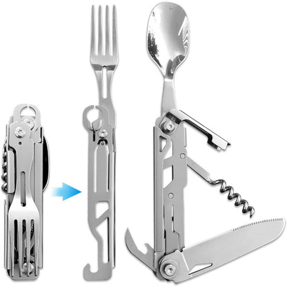 Portable Travel Cutlery Set – Removable Spoon, Fork & Knife with Bottle Opener – Compact Stainless Steel Utensils for Camping, Hiking, Picnic & Everyday Carry, Silver